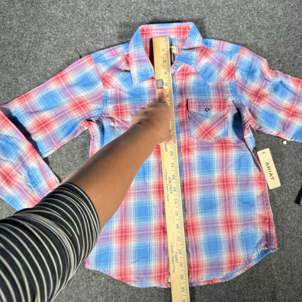Ariat Youth Medium 10 Blue Pink Plaid Western Long Sleeve Pearl Snap Shirt - Picture 3 of 6